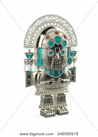 Idol Of Inca Culture, Gold Native Statuette. 3d Illustration