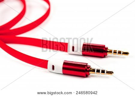 .a Cord With A 3.5Mm Bright Red Connector On A White Background