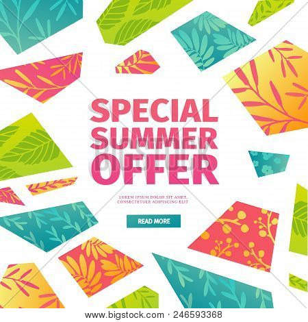 Abstract Banner Design For Summer Sale. Geometrical Triangular Hexagons With Pattern Of Leaves, Twig