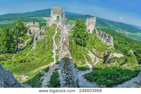 Ruins Of The Castle Gymes In Slovak Republic. Travel Destination. Panoramic Photo.