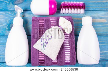 Spa Accessories For Hygenic And Bath In A Composition On A Blue Background.