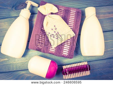 Spa Accessories For Hygenic And Bath In A Composition On A Blue Background.