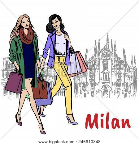 Hand-drawn Sketch Of Women In Milan At Piazza Del Duomo In Italy.