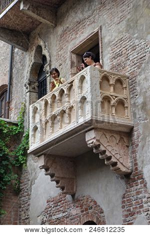 Verona, Italy - 11 June 2018: Young Women On The Famous Juliet Balcony