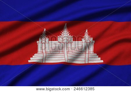 Cambodia Flag  Is Depicted On A Sports Cloth Fabric With Many Folds. Sport Team Waving Banner