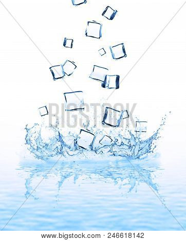 Ice Cubes And Water Splashes In Crown Shape, Isolated On White Background