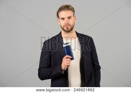 Always Confident In My Shampoo. Man Stylish Hairstyle Holds Bottle Matte Product Grey Background. Ma