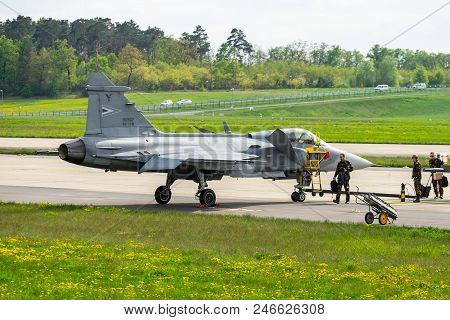 Berlin - April 27, 2018: Fighter, Attack And Reconnaissance Aircraft Saab Jas-39 Gripen. Exhibition 