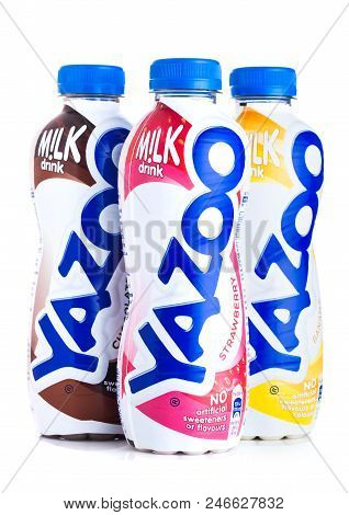 London, Uk - June 23, 2018: Plastic Bottles Of Yazoo Strawberry Bannana And Chocolate  Drink On Whit