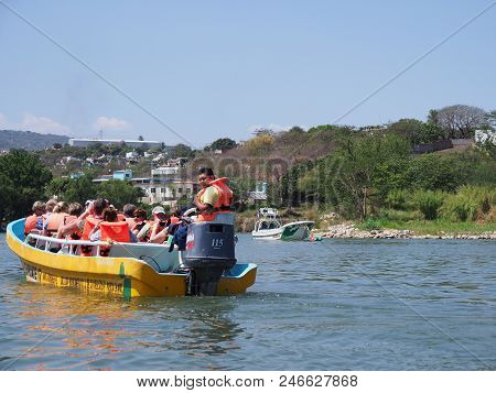Tuxtla, Mexico North America On February 2018: Yellow Motor Boat With Tourists, Grijalva River Lands
