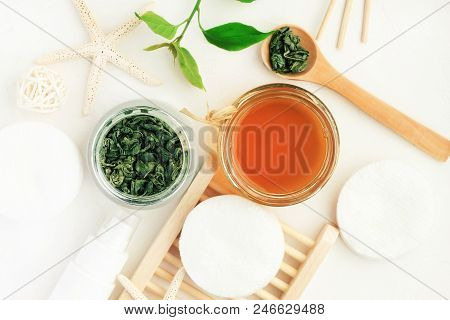 Cosmetic Inredients With Green Tea Extract For Skincare. Homemade Facial Refreshing Herbal Tonic. To
