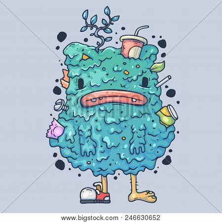 Clumsy Garbage Monster. Strange Creature In The Mud. Cartoon Illustration For Print And Web. Charact