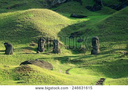 Hundreds Of Abandoned Moai Statue On Rano Raraku Volcano, Easter Island, Archaeological Unesco World
