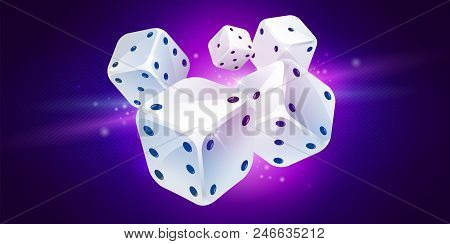 Shiny Background With Five White Game Dice On Dark Blue. Casino Gambling. Poker, Table Craps