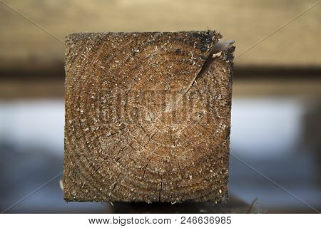 The End Of A Wooden Square Beam With Splits And Annual Rings On A Blurred Background