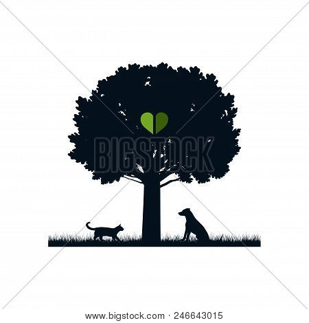 Illustration Of Dog And Cat Next To Tree As Symbol Of Ecology.
