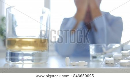 Addicted Person Making Dangerous Combination Smoke Drink Alcohol And Take Pills