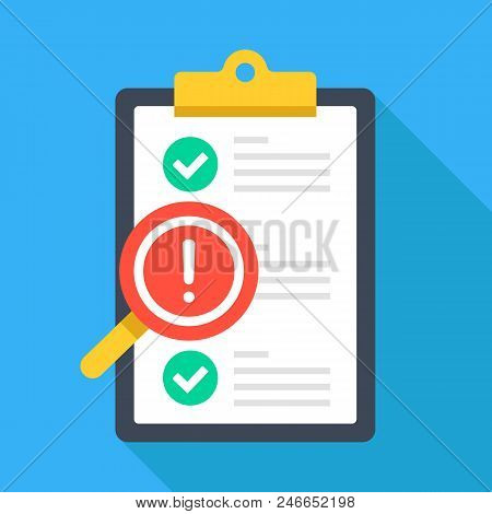 Clipboard With Exclamation Point And Magnifying Glass. Checklist. Quality Control, Inspection, Check
