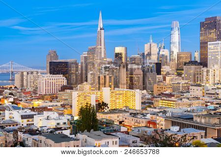 San Francisco downtown skyline Aerial view at sunset from Ina Coolbrith Park Hill in San Francisco, California, USA.