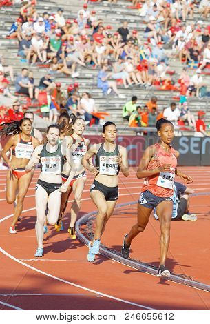 Stockholm, Sweden - Jun 10, 2018: Running Athletes In The 1500m Women Competition In Iaaf Diamond Le