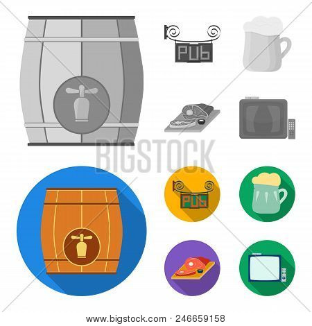 A Wooden Barrel With A Faucet, A Pub Sign, A Mug Of Beer, Pieces Of Meat On A Board.pub Set Collecti