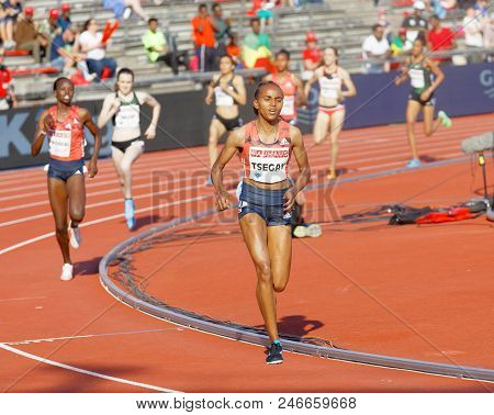 Stockholm, Sweden - Jun 10, 2018: Running Athletes In The 1500m Women Competition In Iaaf Diamond Le