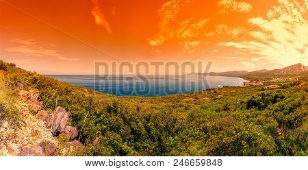 Beautiful Landscape At Sunrise Of The Coast Of Cala Gonone, Dorgali. Sardinia