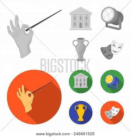 Conductor Baton, Theater Building, Searchlight, Amphora.theatre Set Collection Icons In Monochrome, 