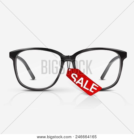 Black Optical Glasses On White Background. Dioptrical Glasses. Red Sale Banner. Vector Illustration.