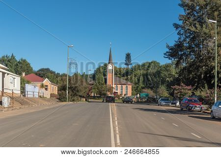 Maclear, South Africa - March 26, 2018: Street Scene With The Dutch Reformed Church And Vehicles In 