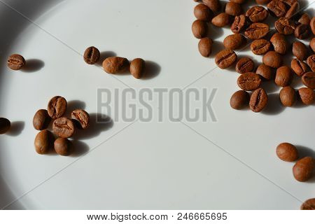 On A White Glass Plate Spilled Chaotically Coffee Beans Laid Delicious Grains Throughout The Plate.