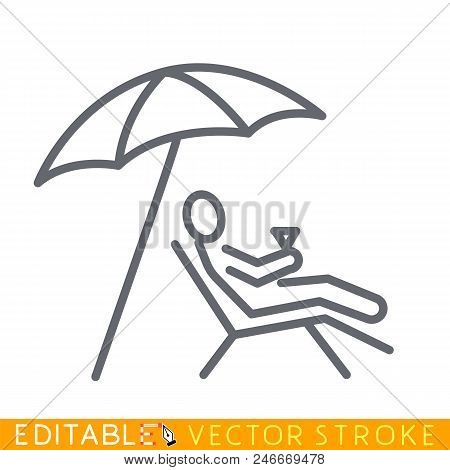 Rest On The Beach Under Umbrella. Editable Stroke Icon. Stock Sketch Vector Illustration.
