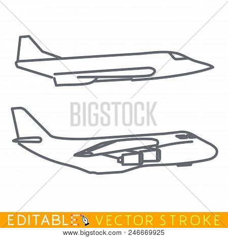 Military Transportation Plane Silhouette. Cargo Aircrafts. Editable Stroke Sketch Icon. Stock Vector