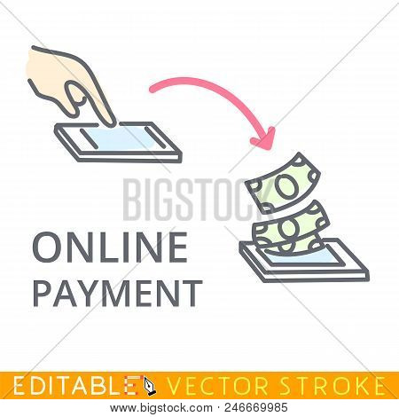 Online Payment Concept. Editable Stroke Sketch Icon. Stock Vector Illustration.