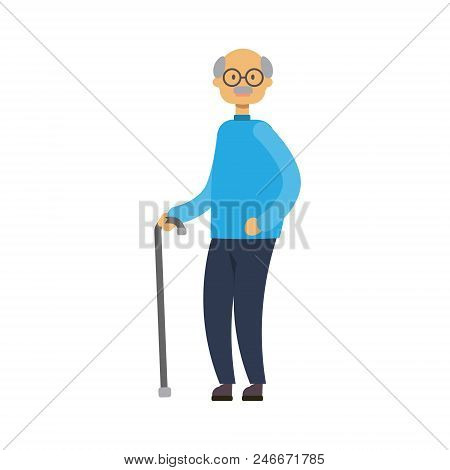 Old Man Walking With Stick. Full Length Grandfather On White Background Cute Grandpa, Tree Of Genus 