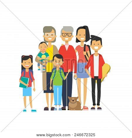Multi Generation Family Together, Grandfather Grandmother And Grandchildren With Pets On White Backg