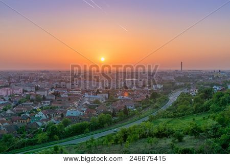Oradea City Viewed From Above At Sunset, Romania.