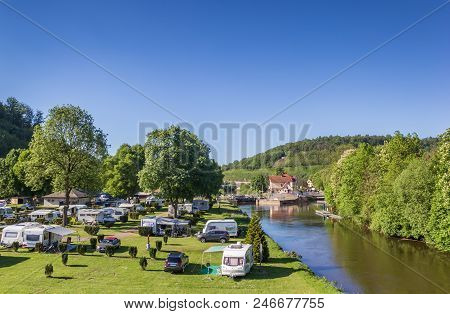Hann. Munden, Germany - May 07, 2018: Campground At The Fulda Riverside In Hannoversch Munden, Germa