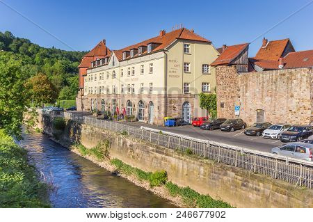 Hann. Munden, Germany - May 07, 2018: Historic Hotel At The Riverside In Hann. Munden, Germany