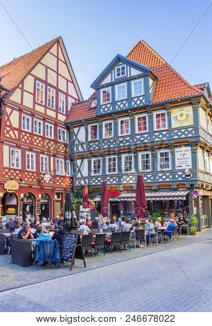 Hann. Munden, Germany - May 07, 2018: People Enjoying A Drink At A Cafe In Hann. Munden, Germany