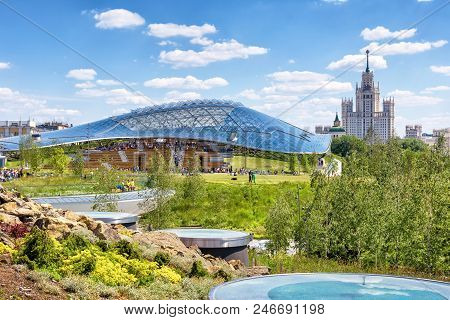 Moscow - June 16, 2018: Zaryadye Park With The Modern Amphitheater In Moscow, Russia. Zaryadye Is On