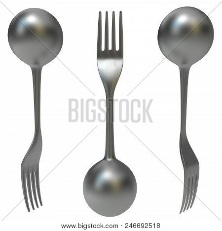 Fork Heavy Metal Ball Surreal, 3d Illustration, Horizontal, Isolated, Over White