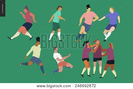 European Football, Soccer Players Set - Flat Vector Illustration Of A Young Women Wearing European F