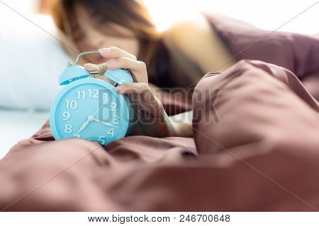 Alarm Clock Is Alarming In Morning For Waking Up Beautiful Woman. She Has Important Interview A Job 