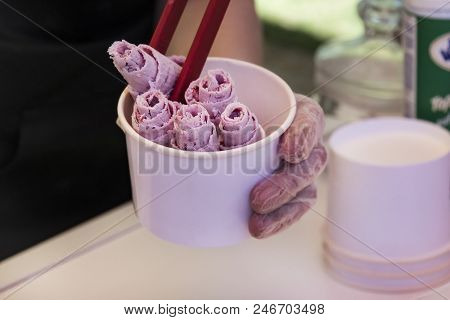 Thailand Stir-fried Ice Cream Rolls At Freeze Pan. Organic, Natural Rolled Ice Cream, Hand Made Dess