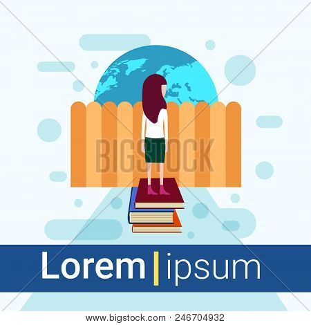 Girl Character Stay Books Stack Peeking Fence Look At Globe Over Obstacle Female Template For Design