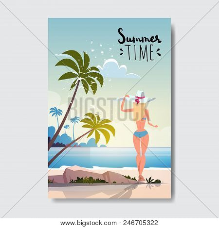 Sexy Woman Relax Sunny Beach Booty Bare Summer Vacation Rear View Ass Bikini Badge Design Label. Sea