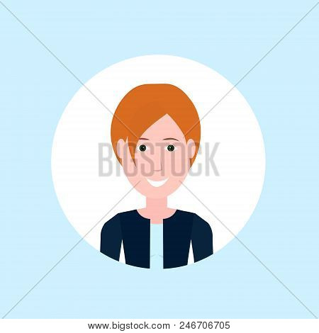 Redhair Woman Face Happy Lady Portrait On Blue Background, Female Avatar Flat Vector Illustration