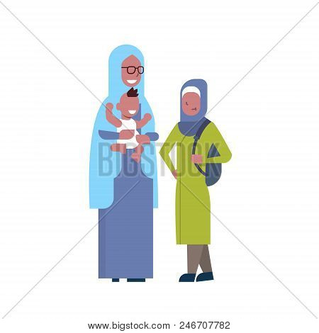 Arabic Grandmother With Grandchildren, Multi Generation Family, Full Length Avatar On White Backgrou