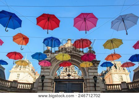 Lviv, Ukraina, June 7, 2018. Coloruful Umbrellas Urban Street Decoration.